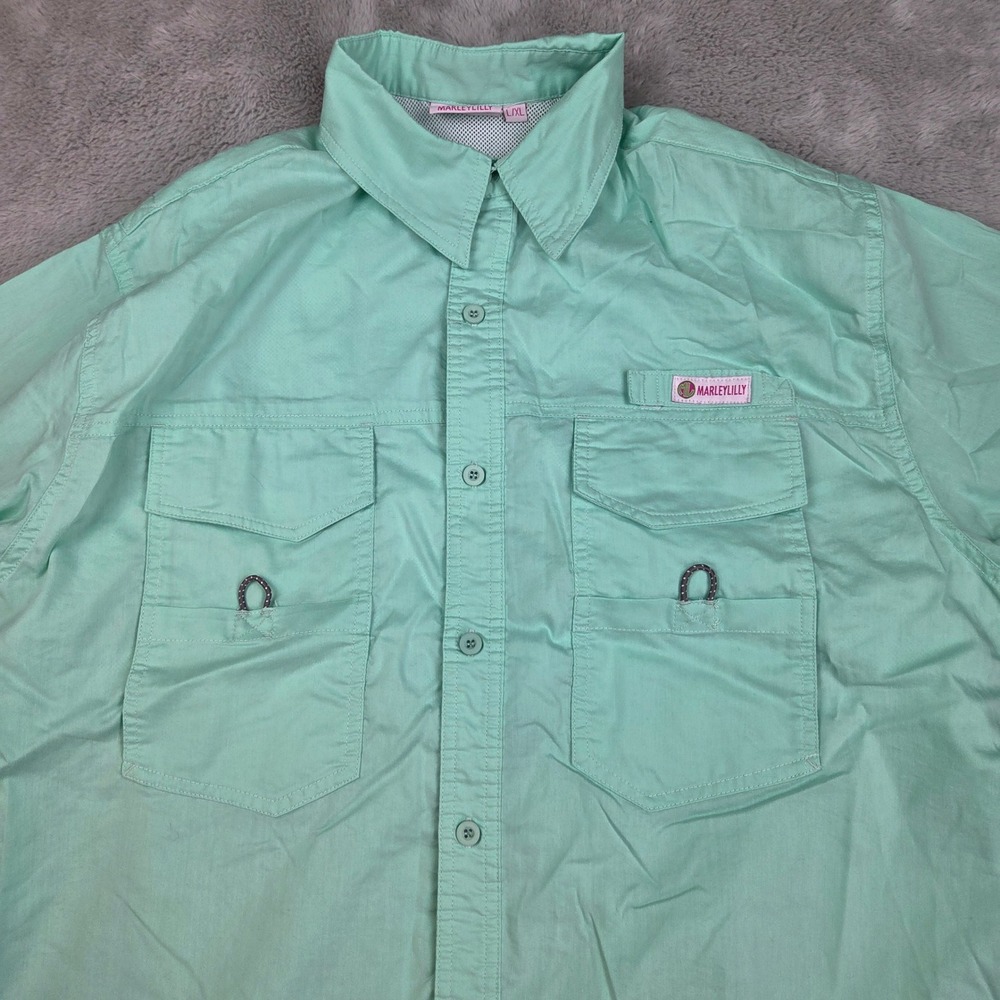 Marleylilly Fishing Shirt Women L/XL Monogram Short Sleeve Ventilated Mint Green